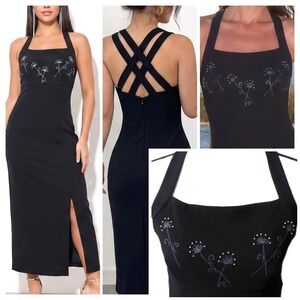 Vtg Black Halter Maxi Dress 8 P Empire embroidered dandelion Whimsigoth Vampy